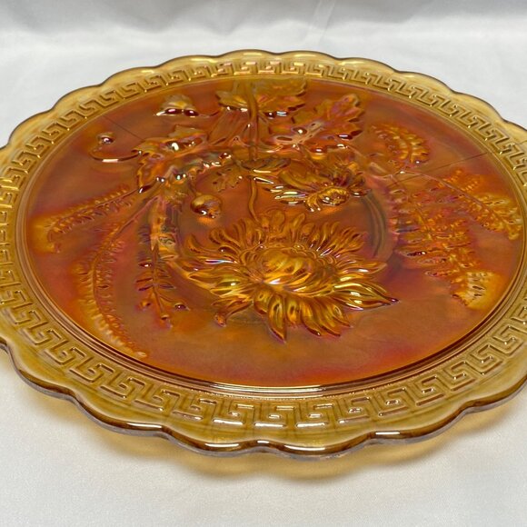 Imperial Carnival Glass Marigold Plate With Sunflower Design & Scalloped Edge - Picture 5 of 10